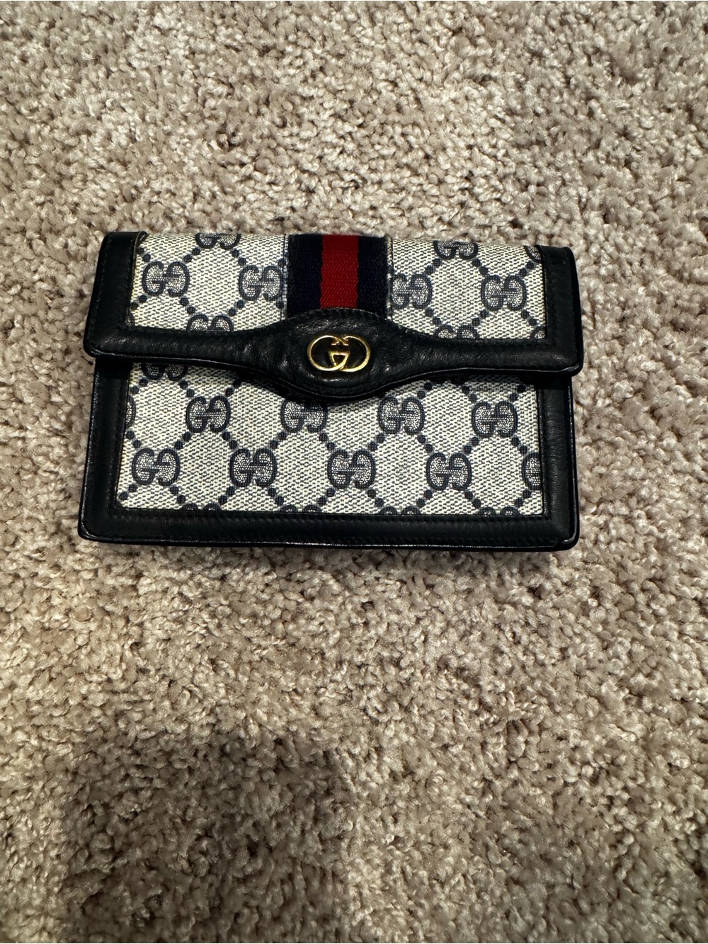 Gucci GG Canvas Wallet with Navy Trim and Red/Navy Web